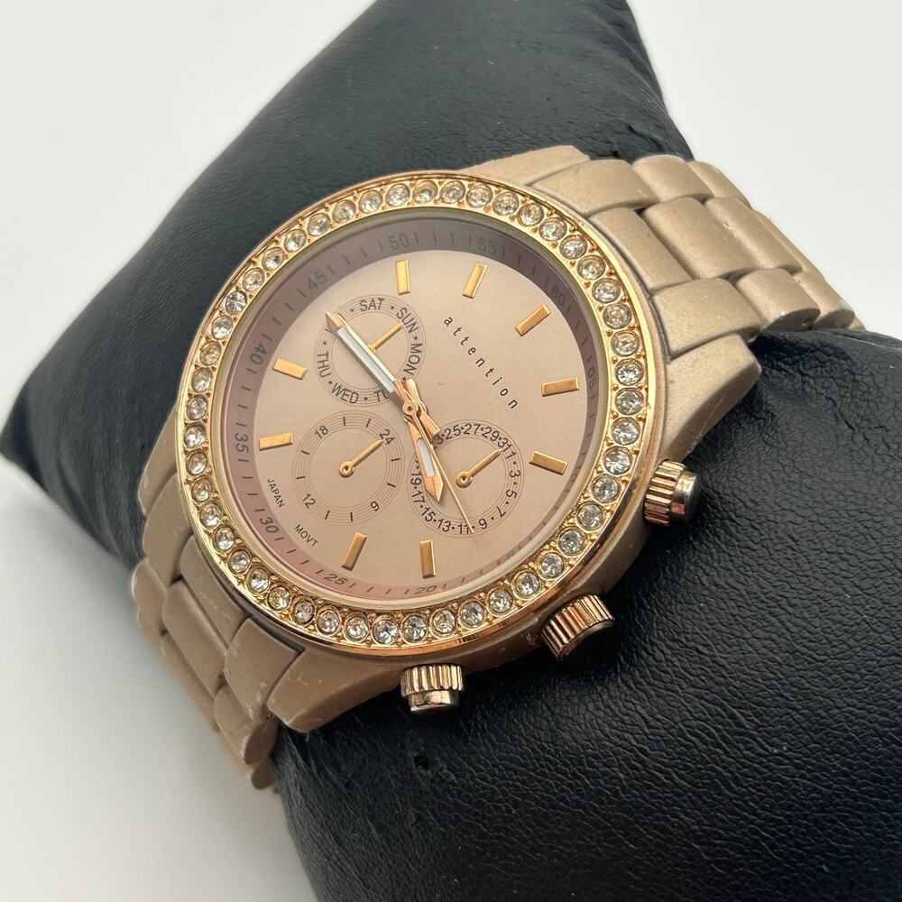 Attention Women's Rose Gold Tone Crystal Bezel Watch Working New Battery - Picture 2 of 8